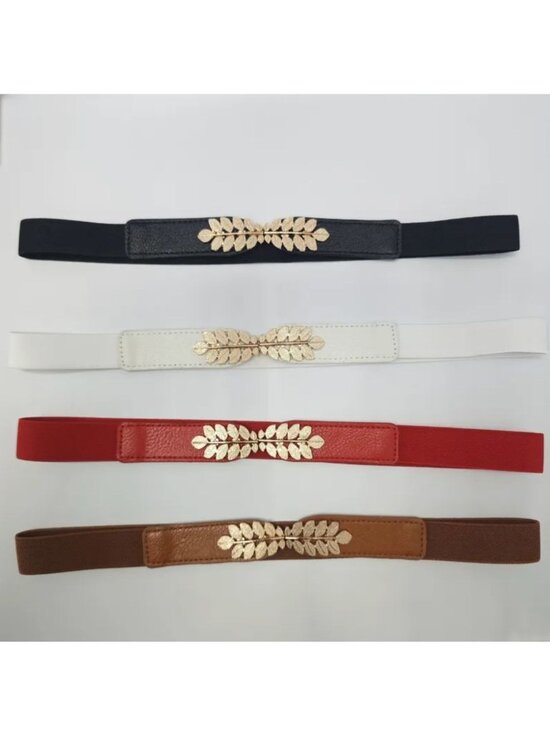 Elegant Elastic Belt With Gold Leaf Buckle Decoration Set of 4 - Black White Red